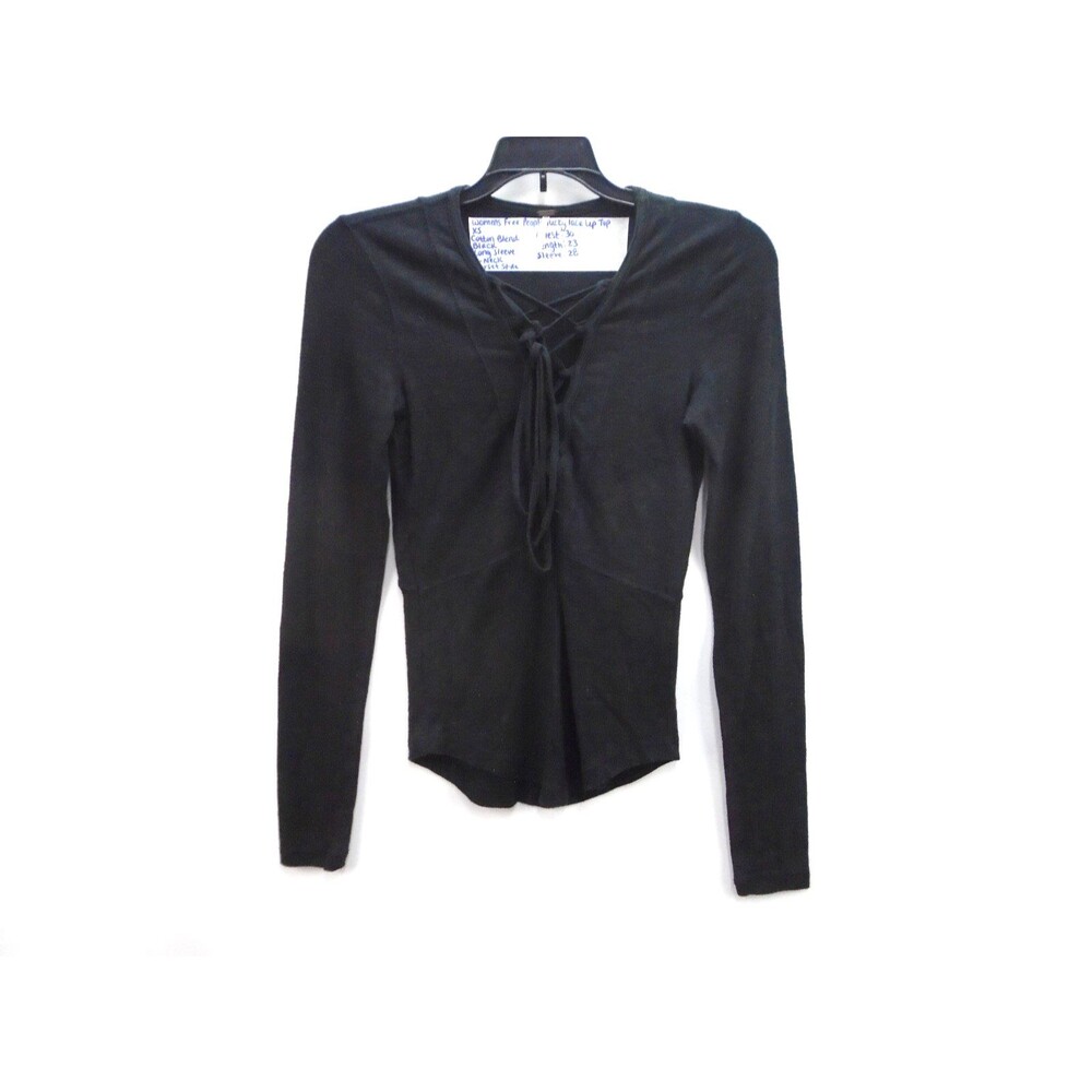 Free People Women Lucky Lace Up Blouse Size XS Black Long Sleeve Corset Style